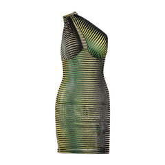 Stripe Printed See-through Oblique Shoulder Cut Out Design Dress