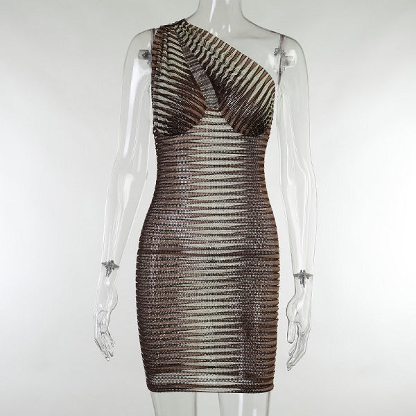 Stripe Printed See-through Oblique Shoulder Cut Out Design Dress