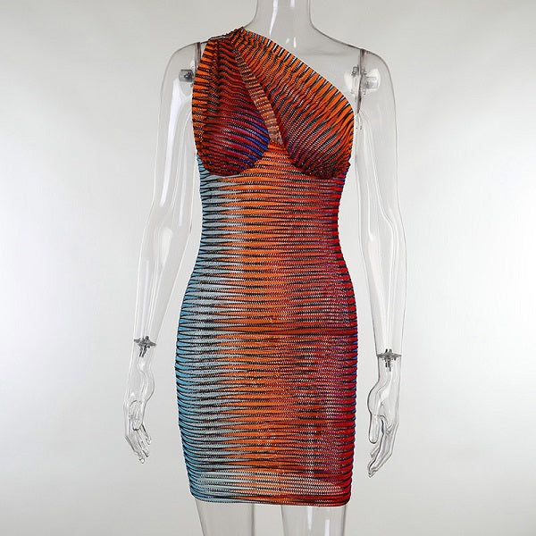 Stripe Printed See-through Oblique Shoulder Cut Out Design Dress