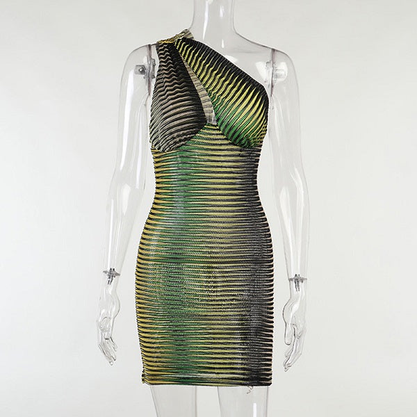 Stripe Printed See-through Oblique Shoulder Cut Out Design Dress