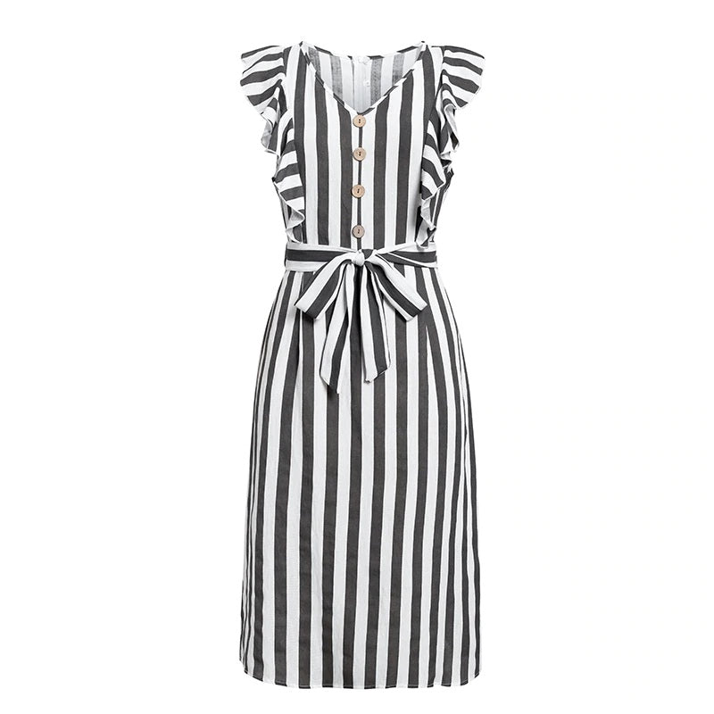 Stripe Rruffles Bow Tie Casual Beach Dress