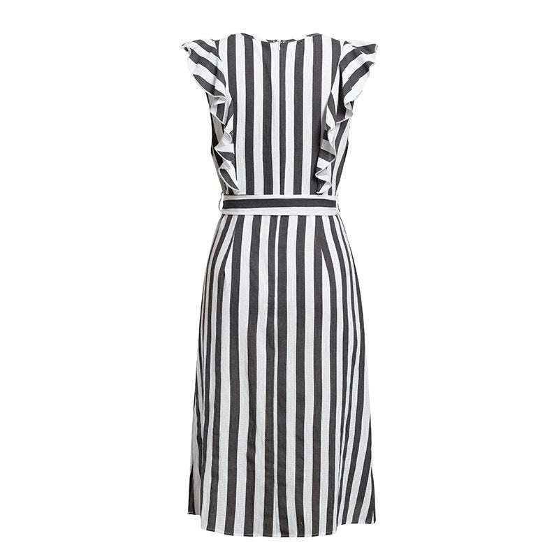 Stripe Rruffles Bow Tie Casual Beach Dress