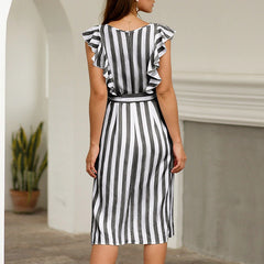 Stripe Rruffles Bow Tie Casual Beach Dress
