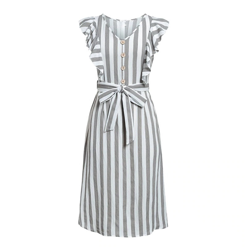 Stripe Rruffles Bow Tie Casual Beach Dress