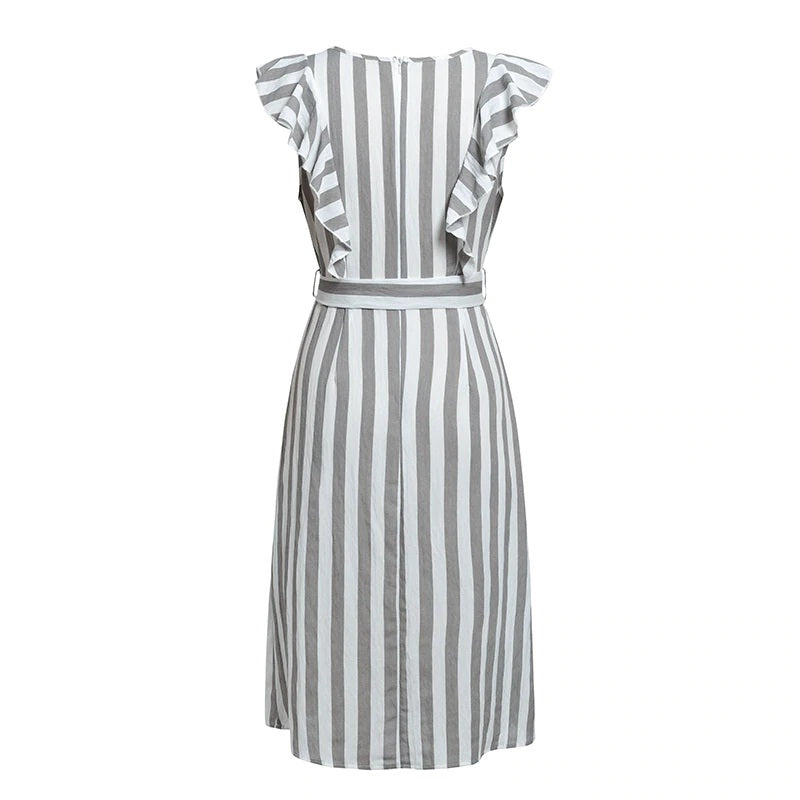 Stripe Rruffles Bow Tie Casual Beach Dress