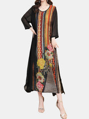 Striped Floral Printed Patchwork O-Neck Midi Dress