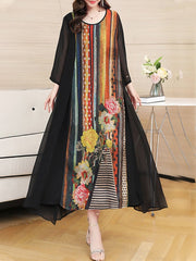 Striped Floral Printed Patchwork O-Neck Midi Dress