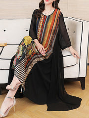 Striped Floral Printed Patchwork O-Neck Midi Dress