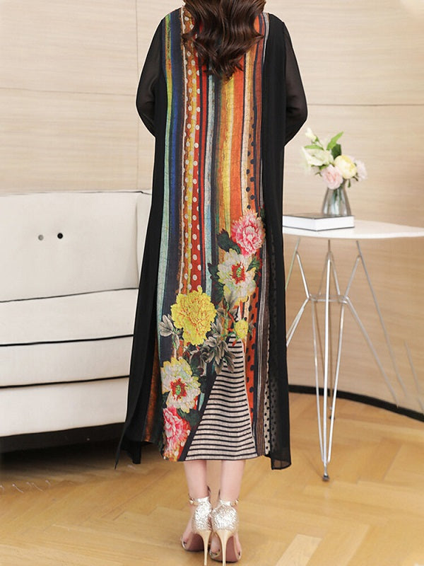 Striped Floral Printed Patchwork O-Neck Midi Dress