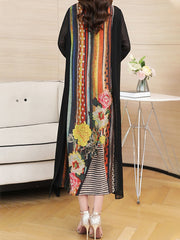 Striped Floral Printed Patchwork O-Neck Midi Dress