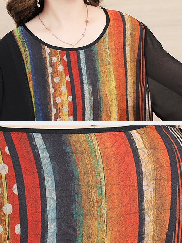 Striped Floral Printed Patchwork O-Neck Midi Dress