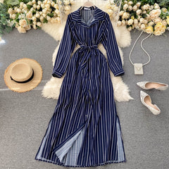 Striped Long Blouses Turn-down Collar Long Sleeve Button Office Split A-line Maxi Dress