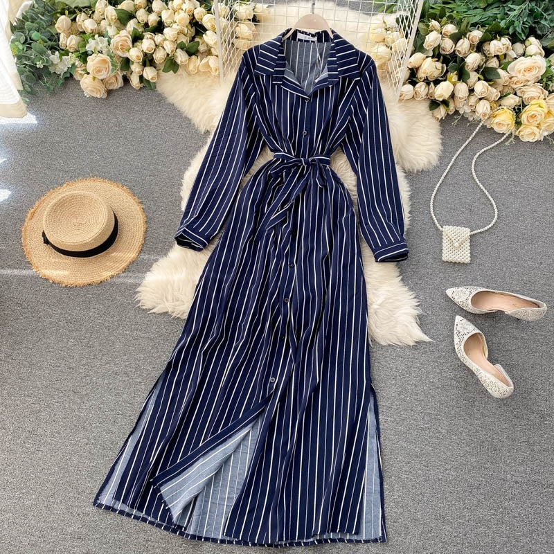 Striped Long Blouses Turn-down Collar Long Sleeve Button Office Split A-line Maxi Dress