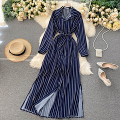 Striped Long Blouses Turn-down Collar Long Sleeve Button Office Split A-line Maxi Dress