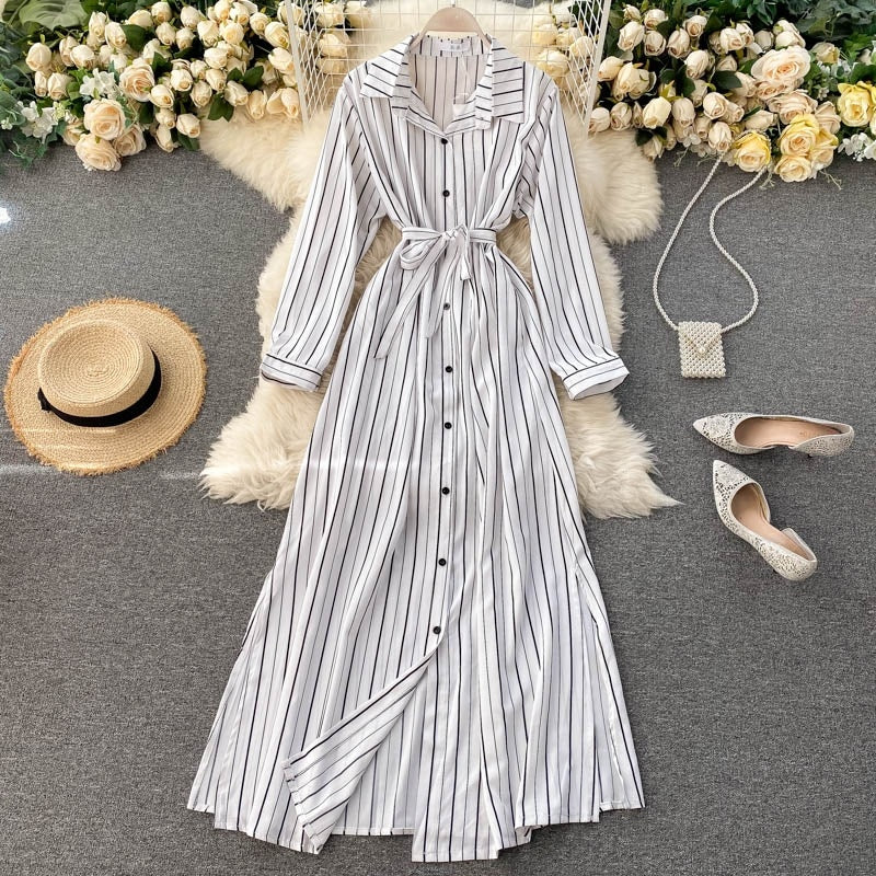 Striped Long Blouses Turn-down Collar Long Sleeve Button Office Split A-line Maxi Dress