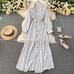 Striped Long Blouses Turn-down Collar Long Sleeve Button Office Split A-line Maxi Dress