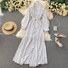 Striped Long Blouses Turn-down Collar Long Sleeve Button Office Split A-line Maxi Dress