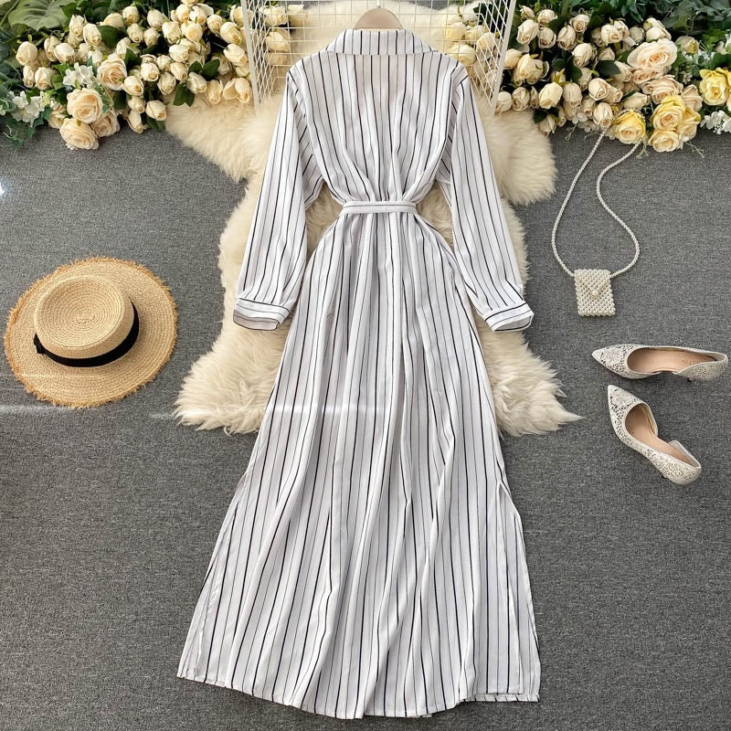 Striped Long Blouses Turn-down Collar Long Sleeve Button Office Split A-line Maxi Dress