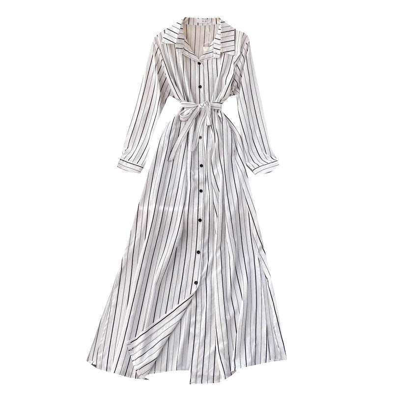 Striped Long Blouses Turn-down Collar Long Sleeve Button Office Split A-line Maxi Dress