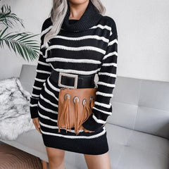 Striped Long Sleeve Turtleneck Belt Sweater Mini Dress