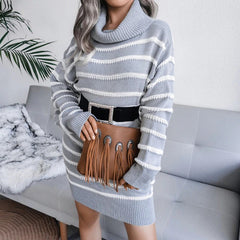 Striped Long Sleeve Turtleneck Belt Sweater Mini Dress