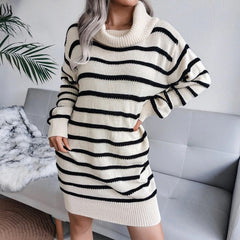 Striped Long Sleeve Turtleneck Belt Sweater Mini Dress