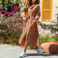 Striped Patchwork Turn Down Collar Long Sleeve Shirt Dress