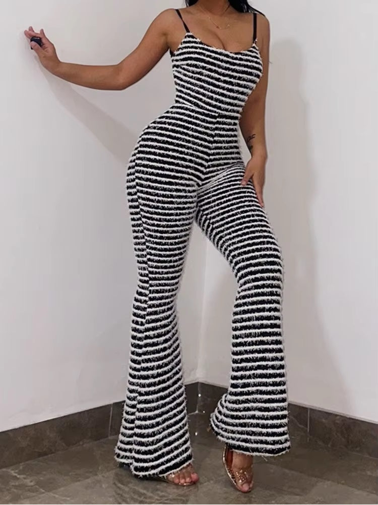 Striped Print Backless Spaghetti Strap Tight Fitting Overalls Night Club Outfit