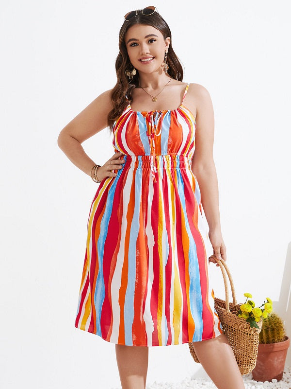 Striped Shirring Self-Tie Design Spaghetti Strap Dress