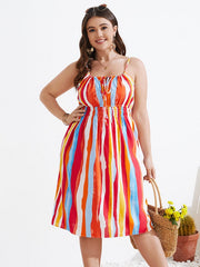Striped Shirring Self-Tie Design Spaghetti Strap Dress