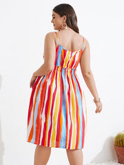 Striped Shirring Self-Tie Design Spaghetti Strap Dress