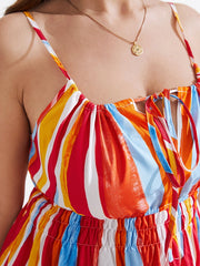 Striped Shirring Self-Tie Design Spaghetti Strap Dress