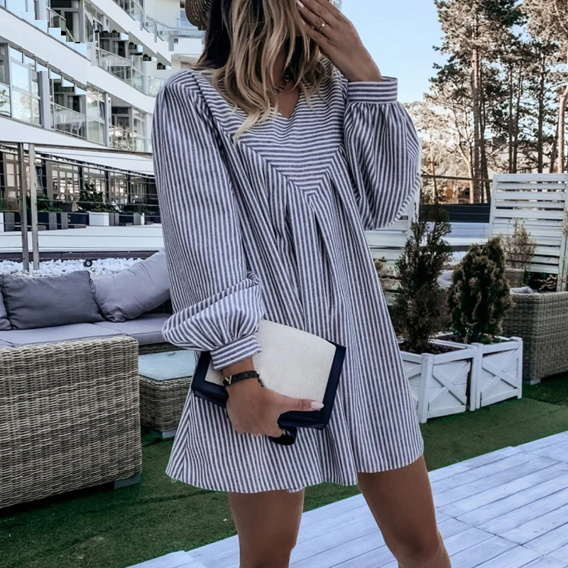 Elegant V-Neck Striped A-line party holiday casual dress