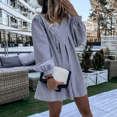 Elegant V-Neck Striped A-line party holiday casual dress