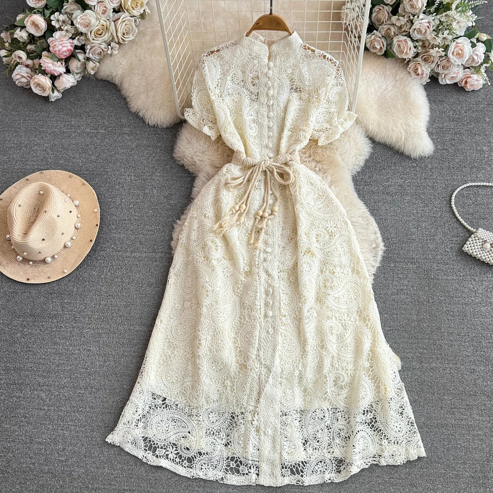 Style Dresses for Women Crochet Hollow Out A-line Long Sleeve Female