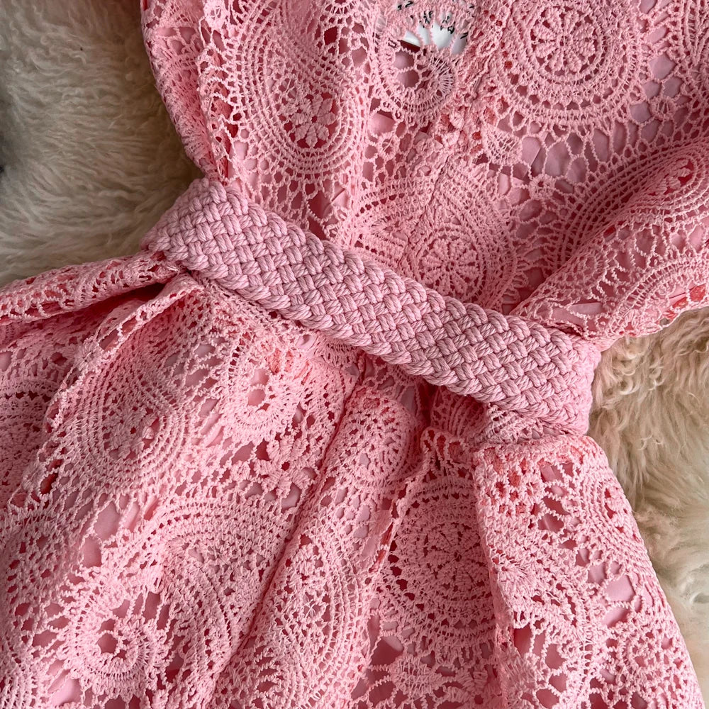 Style Dresses for Women Crochet Hollow Out A-line Long Sleeve Female