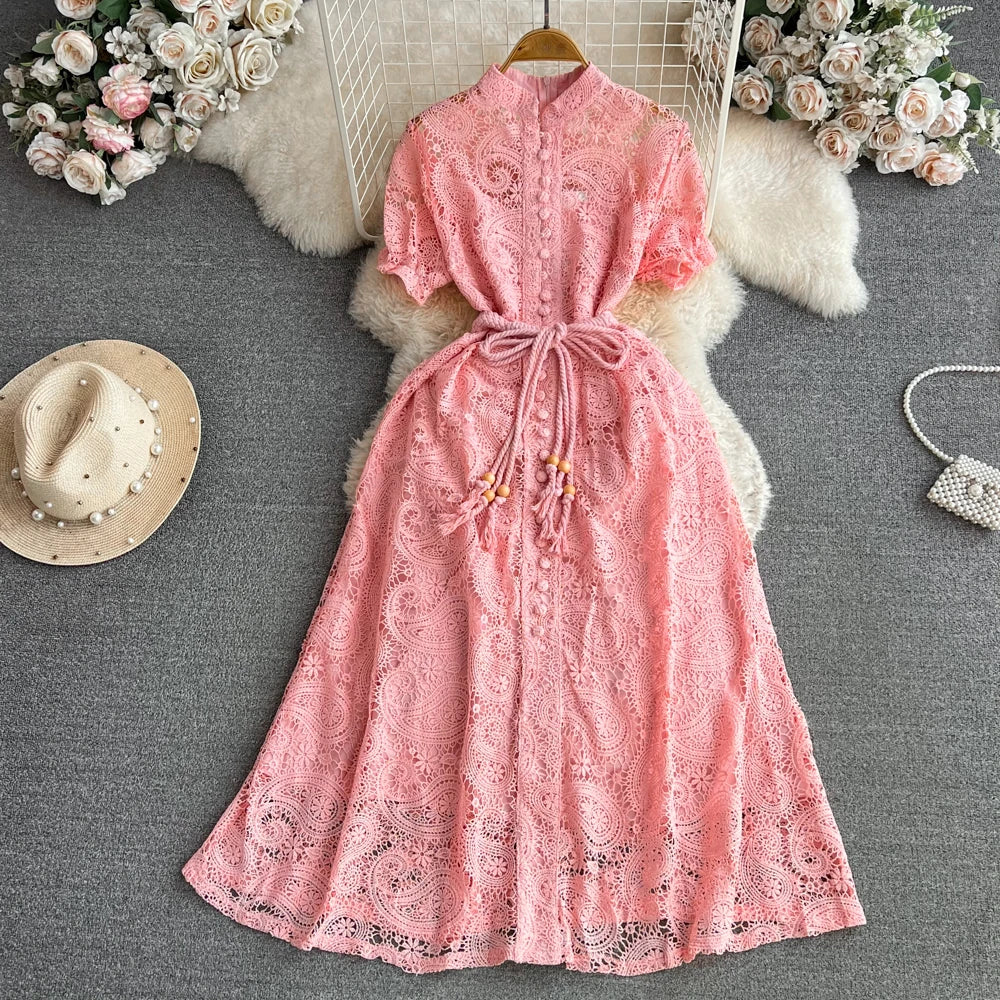 Style Dresses for Women Crochet Hollow Out A-line Long Sleeve Female