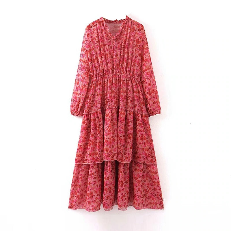Stylish Floral Print Long Sleeve Long Dress