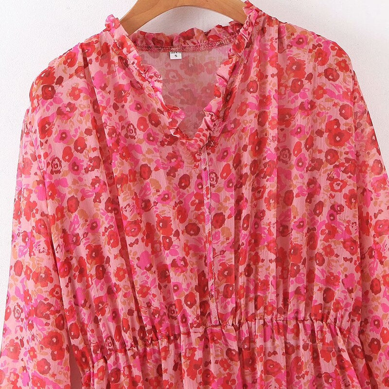 Stylish Floral Print Long Sleeve Long Dress