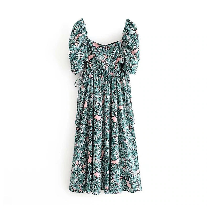 Stylish Floral Print Puff Short Sleeve Long Dress