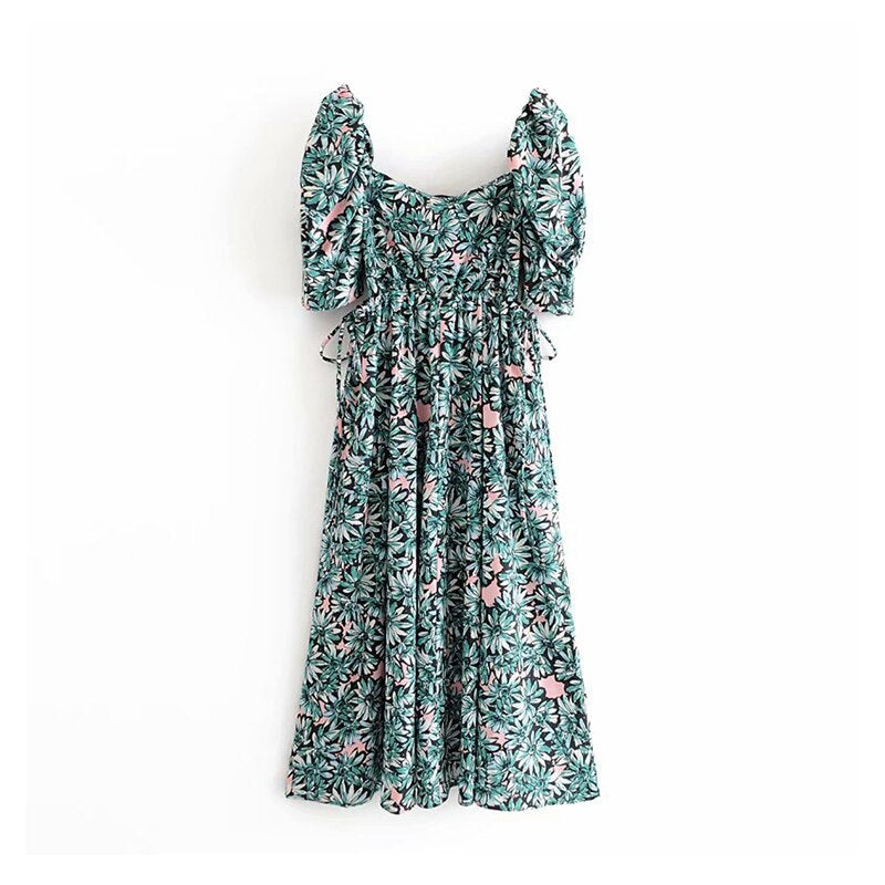 Stylish Floral Print Puff Short Sleeve Long Dress