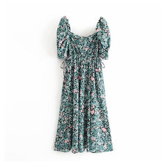 Stylish Floral Print Puff Short Sleeve Long Dress