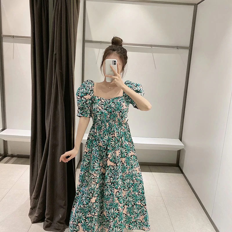 Stylish Floral Print Puff Short Sleeve Long Dress