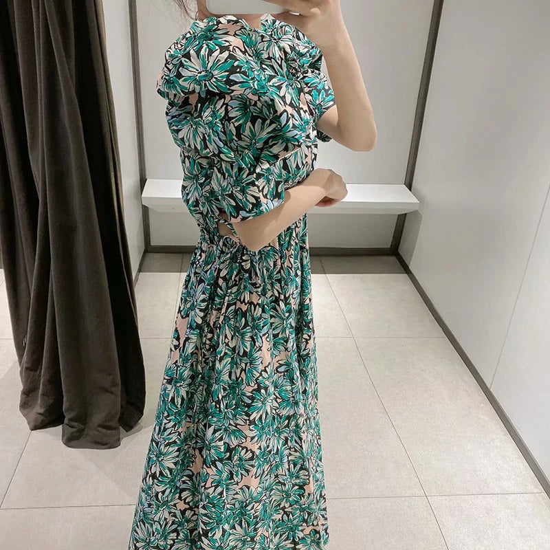 Stylish Floral Print Puff Short Sleeve Long Dress