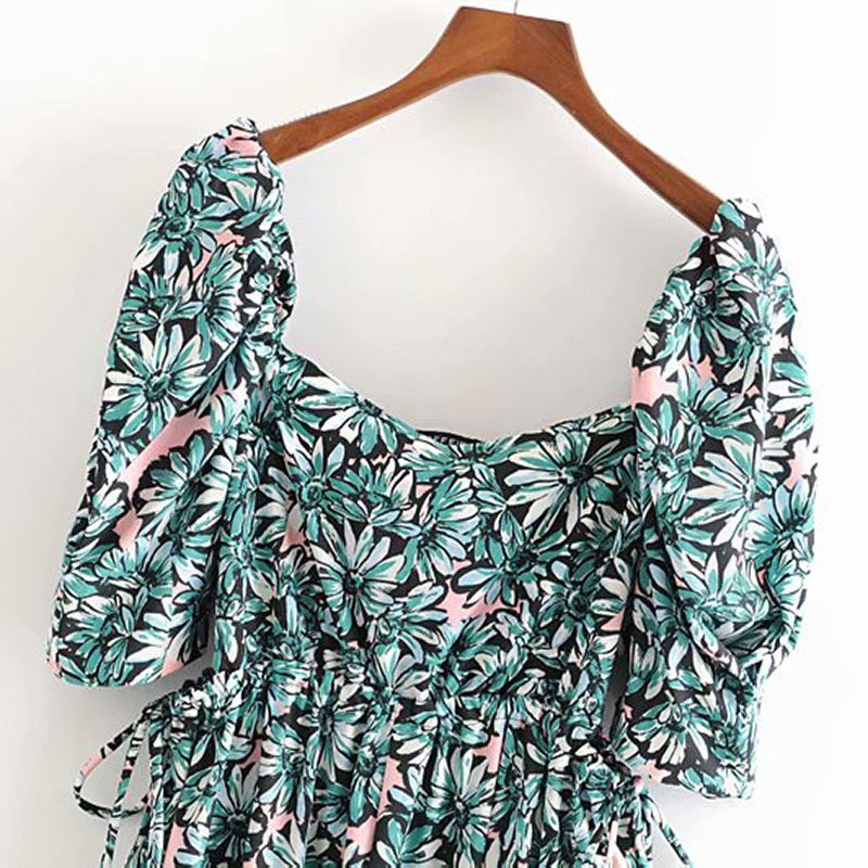 Stylish Floral Print Puff Short Sleeve Long Dress