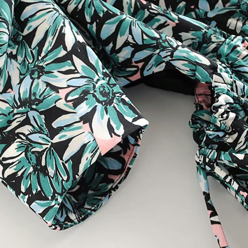 Stylish Floral Print Puff Short Sleeve Long Dress
