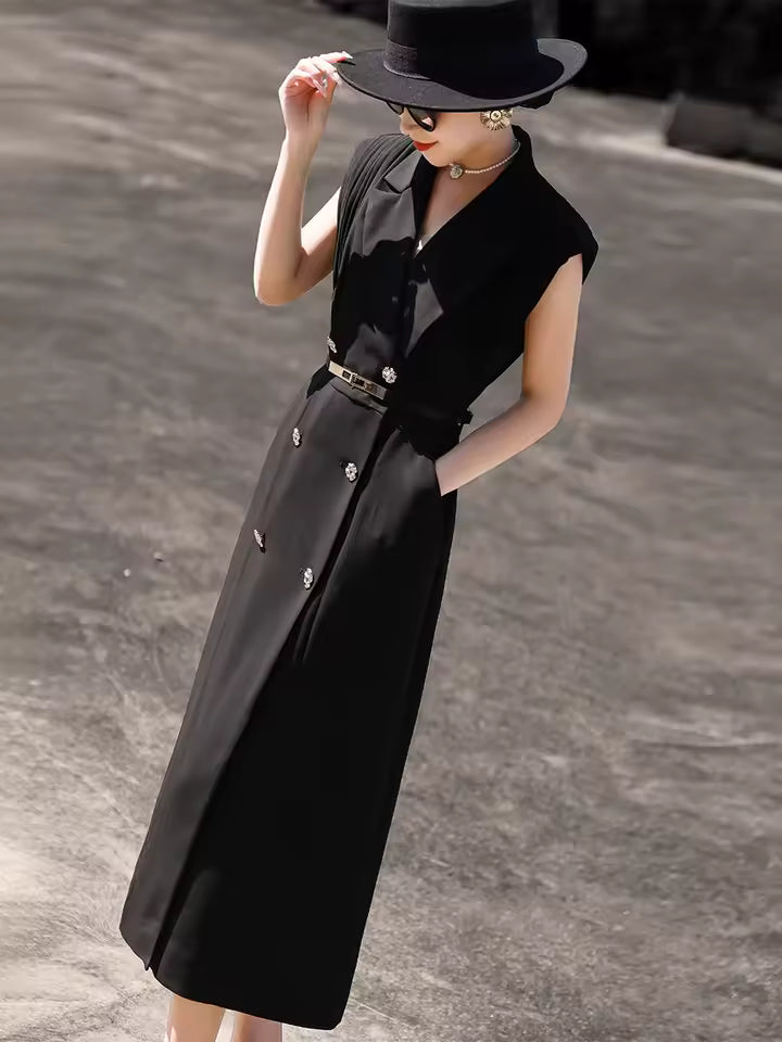 Suit Collar Design Temperament Pleated Sleeveless Blazer Dress