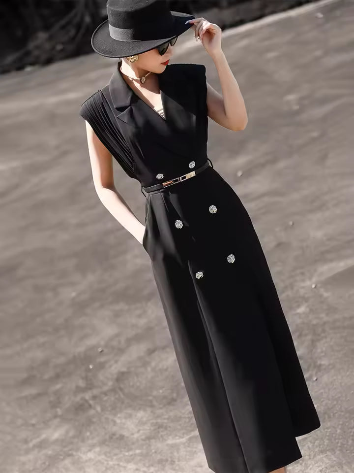 Suit Collar Design Temperament Pleated Sleeveless Blazer Dress