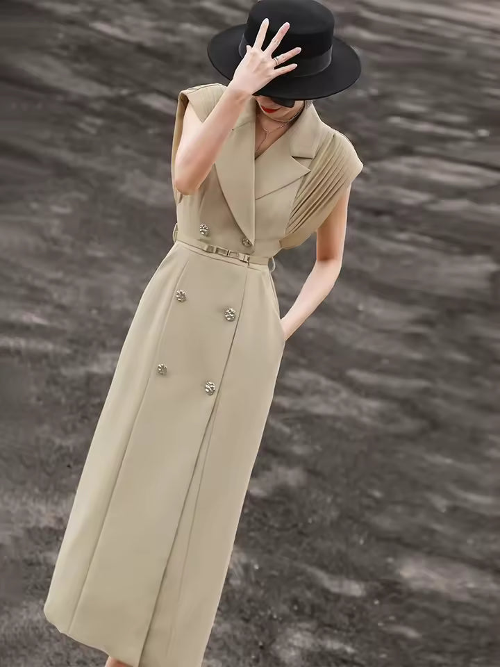 Suit Collar Design Temperament Pleated Sleeveless Blazer Dress