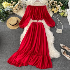 Suit One Word Collar High Waist Chiffon Top Flounces Big Swing Skirt